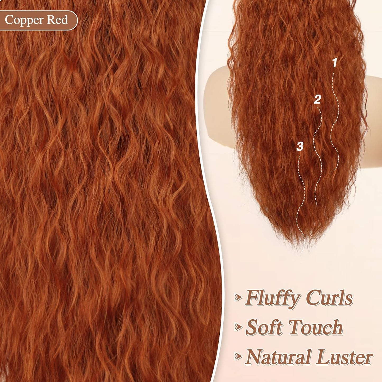 22 Inch Long Curly Wavy Copper Red Ponytail Extension - Synthetic Clip-In Hairpiece for Women | Voluminous Hair
