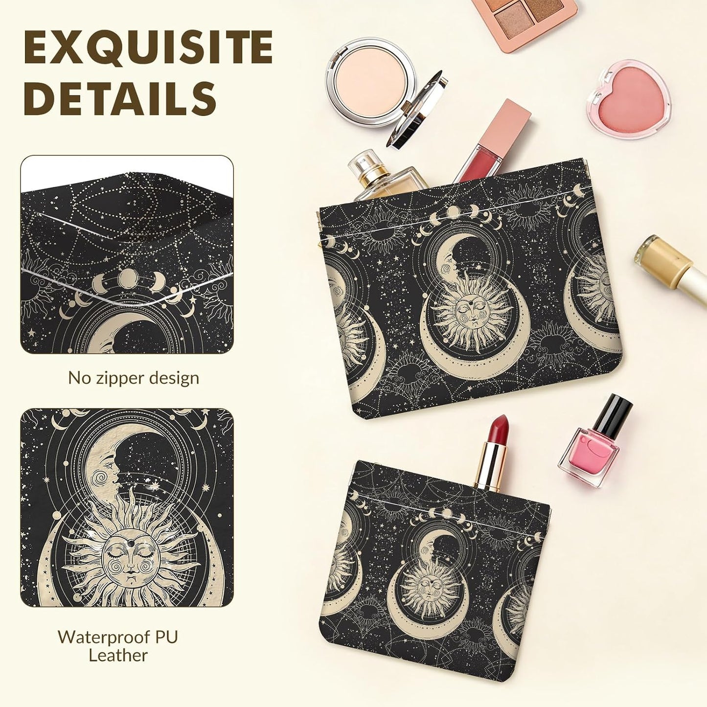 Makeup Bag Set - 2 PCS PU Leather Cosmetic Organizer | Portable Self-Closing Pouch for Women - Sun-Moon Face Design