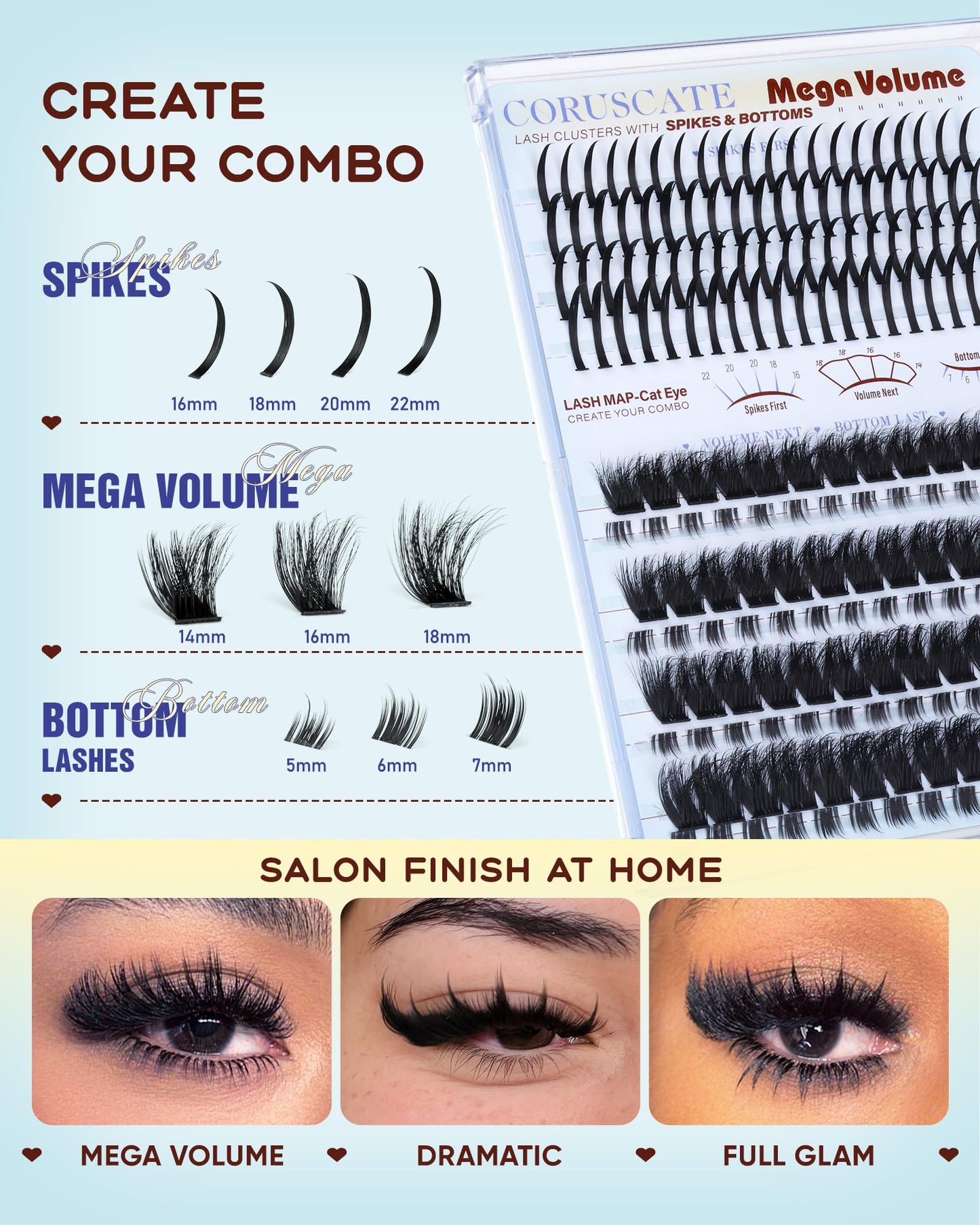 CORUSCATE Lash Clusters with Spikes & Bottom Lashes 200D Eyelash Clusters Mega Volume Cluster Eyelash Extensions Fairy Spike Lashes Mink Bottom Individual Lash Extension for Full Glam Dramatic