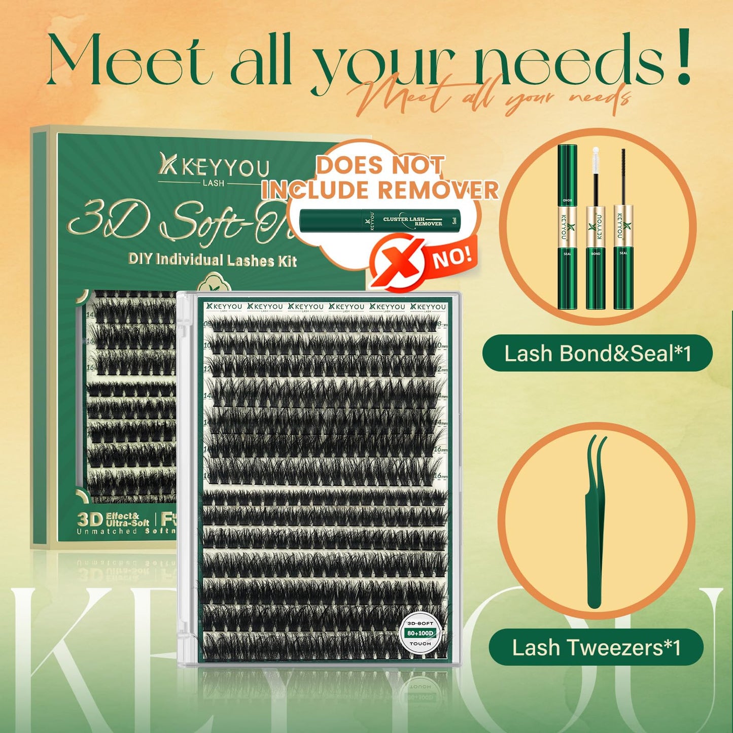KEYYOU Lash Clusters Kit 80D100D Diy Individual Eyelash Extension Kit,Thick Volume lashes clusters Kit D Curl,280 Pcs Thin Band with Waterproof Lash Bond and Seal Tweezers (Kit-8-16MIX)