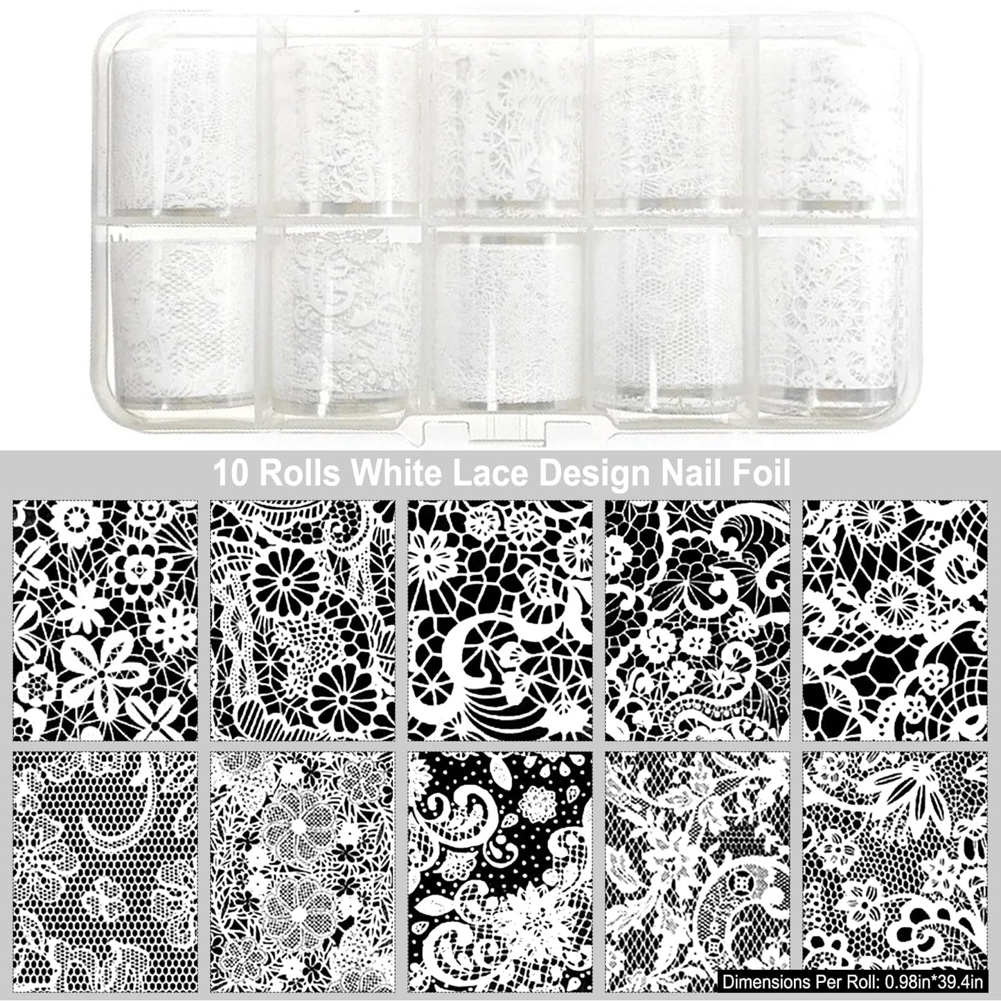 MOLILON 10 Rolls White Lace Nail Foil, Lace Nail Art Foil Transfer Stickers Decals, Holographic Foils for Nails Design, Manicure Stickers for DIY Acrylic Nails Decoration