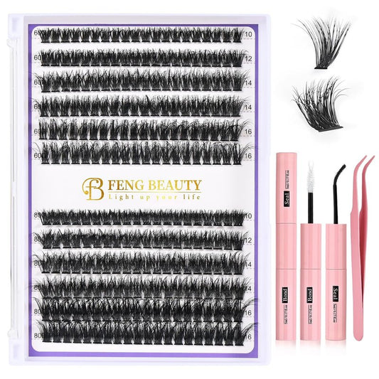 Ultra-Light Lash Clusters Kit - 240PCS Fluffy Wispy Volume | 10-16mm Mixed Lengths, Bond & Seal, Waterproof