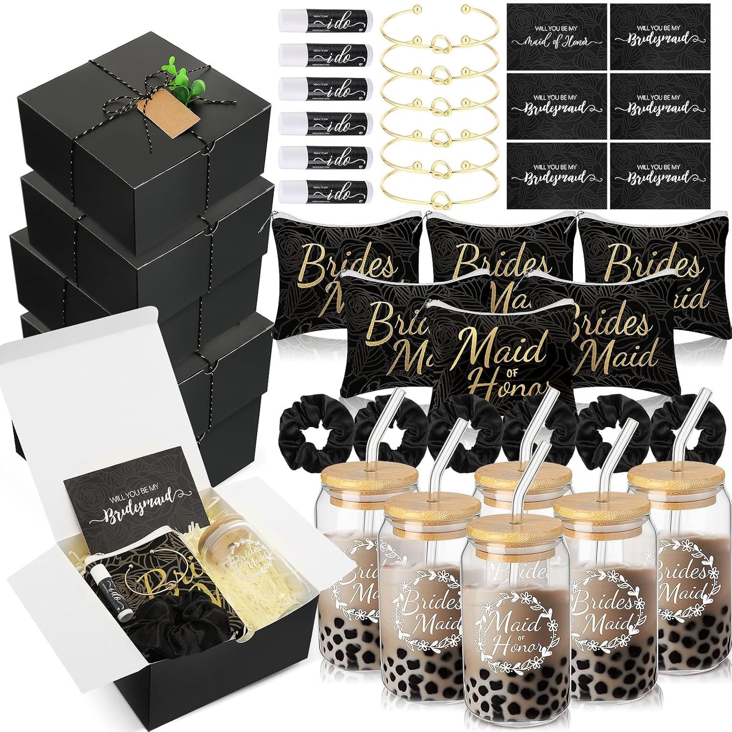 Bridesmaid Proposal Gifts - 54 Pcs Set with Makeup Bag, Glass Cup & Bracelet | Green & White