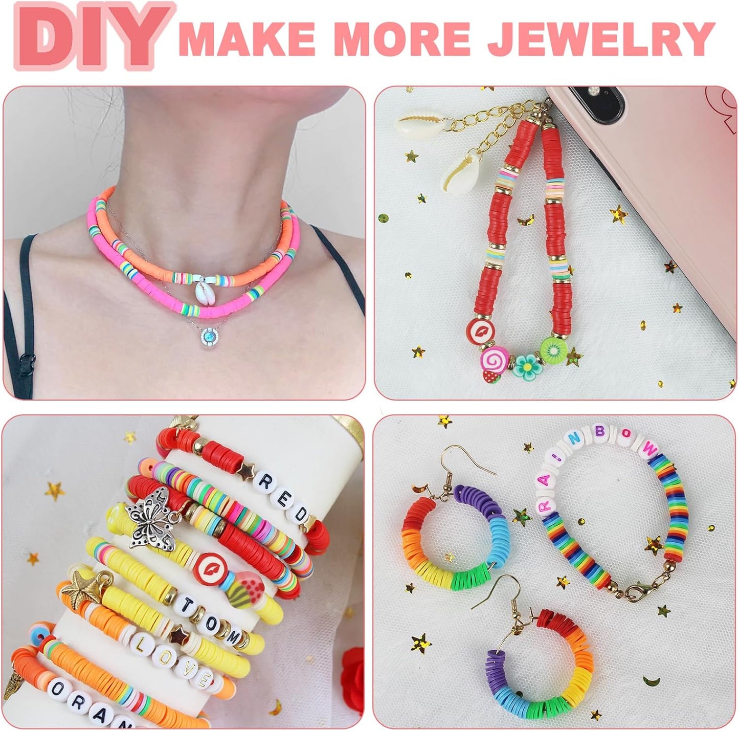 Clay Beads Bracelet Making Kit - Flat Preppy Polymer Heishi Beads with Charms | Craft Gifts for Girls Ages 8-12