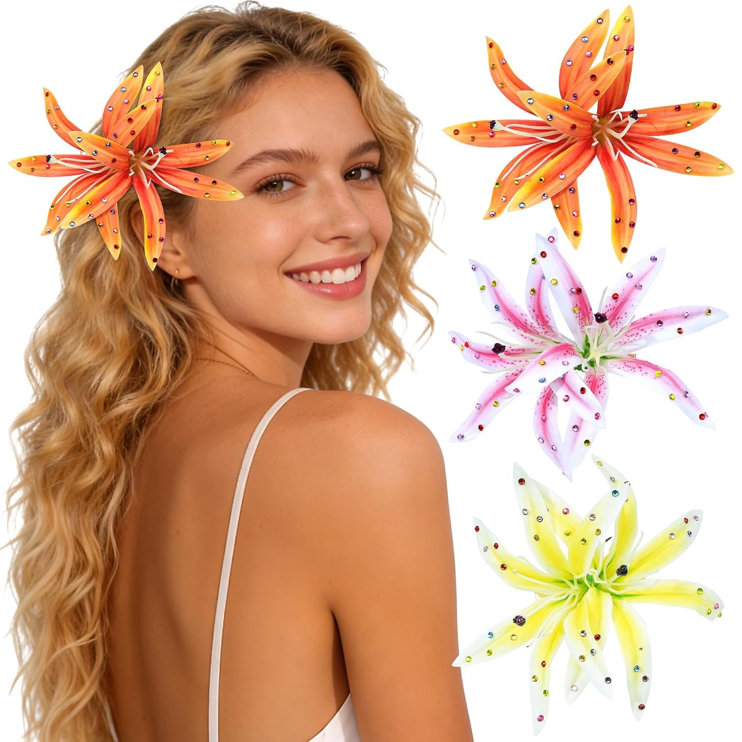 Hawaiian Flower Hair Clips - 3 Pack Tropical Orchid Hair Pins | Rhinestone Wedding Accessories (Pink Lily)