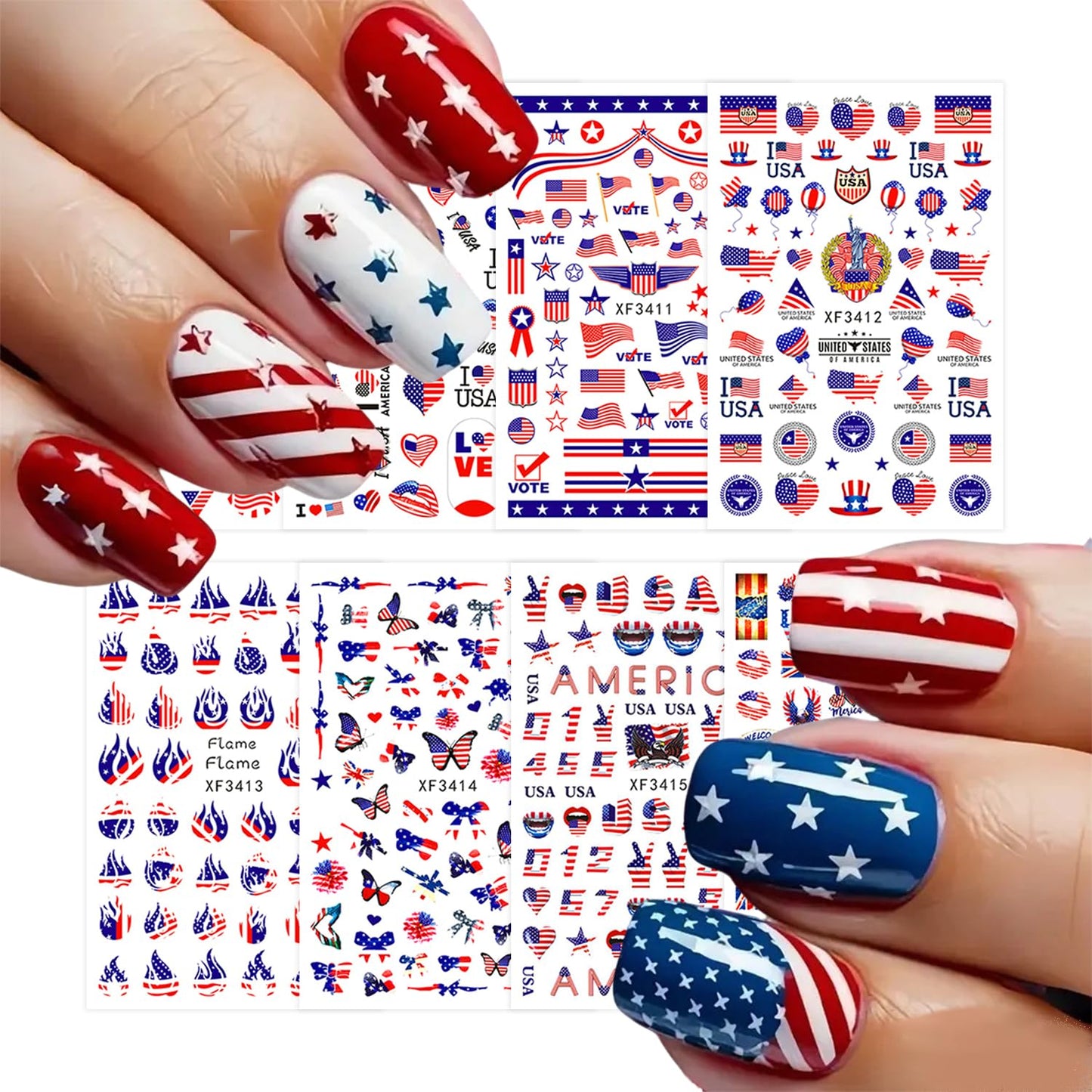 8 Sheets 4th of July Nail Stickers Red White Blue Nail Stickers for Nail Art Independence Day Nail Art Stickers 5D Embossed Nails Decals Patriotic USA Nails Design for Women Manicure Accessories