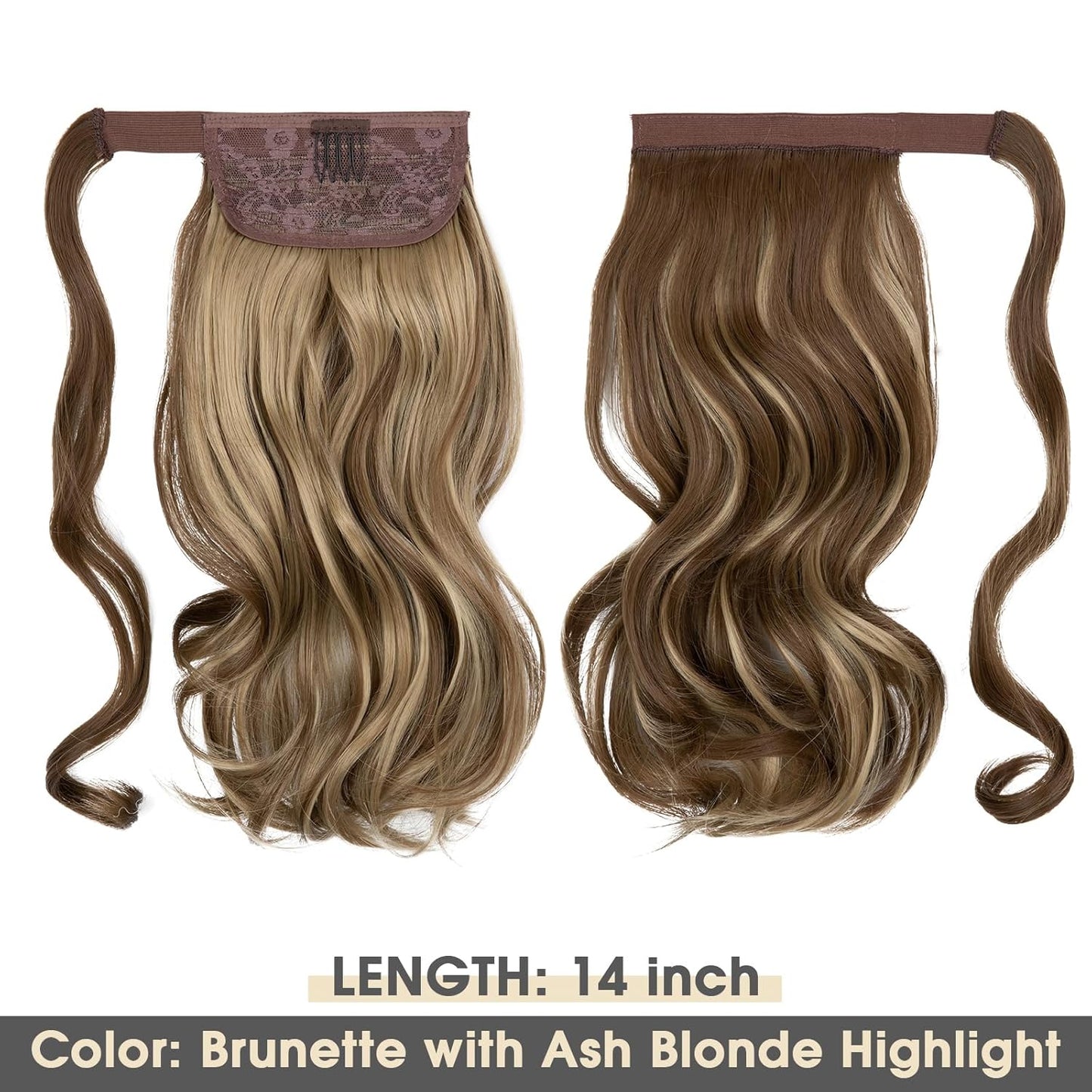 Short Ponytail Hair Extension - Curly Wavy Clip-In Hairpiece for Women | 14" Ash Medium Brown/Ash Blonde