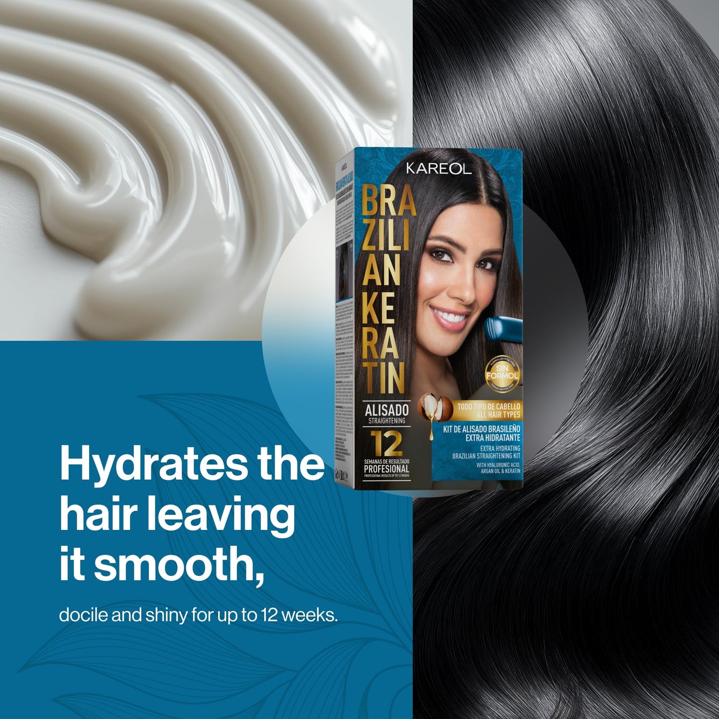 Kareol Extra Hydrating Brazilian Straightening Kit - Formaldehyde Free - With Hyaluronic Acid, Argan Oil, Keratin - Keratin Hair Treatment, Keratina Para Alisar El Pelo, Alisado Brasileño Keratina