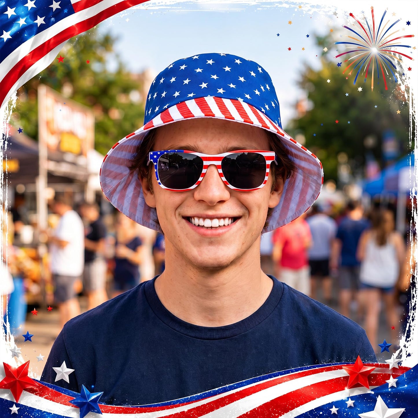 Chicingyou 24 Pcs 4th of July Accessories American Flag Hats and Patriotic Sunglasses Bulk USA Star Patriotic Cap Red White Blue Hats (Bucket Hats)