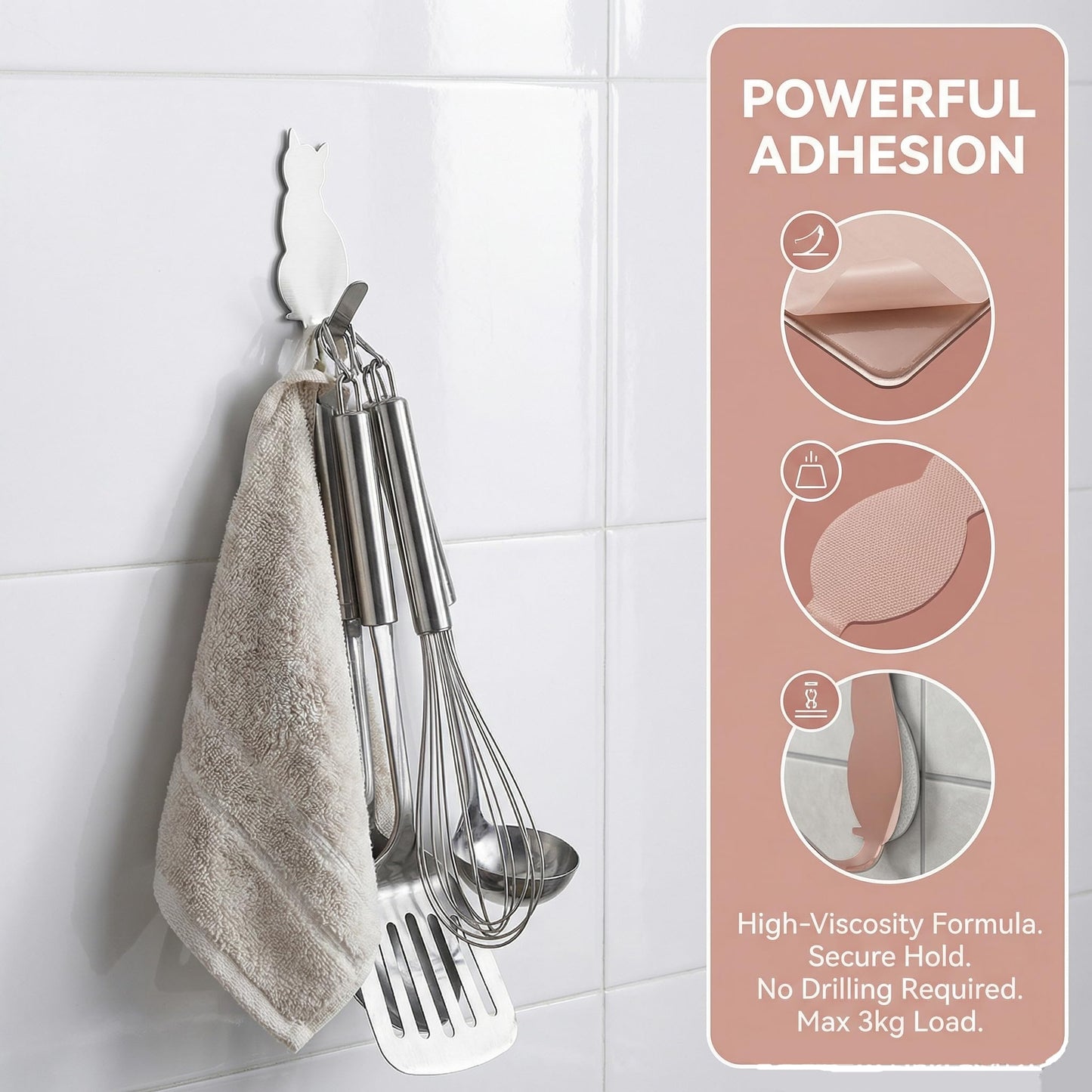 Cute Cat Adhesive Wall Hooks, 3 Pack No Drill Self Adhesive Hooks, Rustproof Stainless Steel Key & Towel Hooks for Bathroom, Kitchen, Entryway, Bedroom Wall Organization (Mixed Colors)