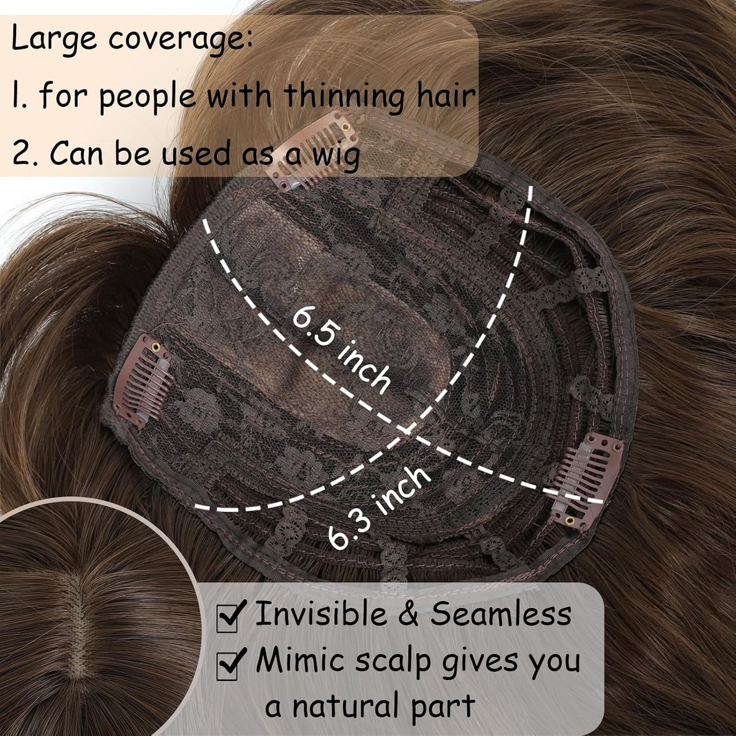 Hair Topper for Women - 16 Inch Synthetic Curly Clip-In with Wispy Bangs | Natural Chestnut Brown Volume Boost
