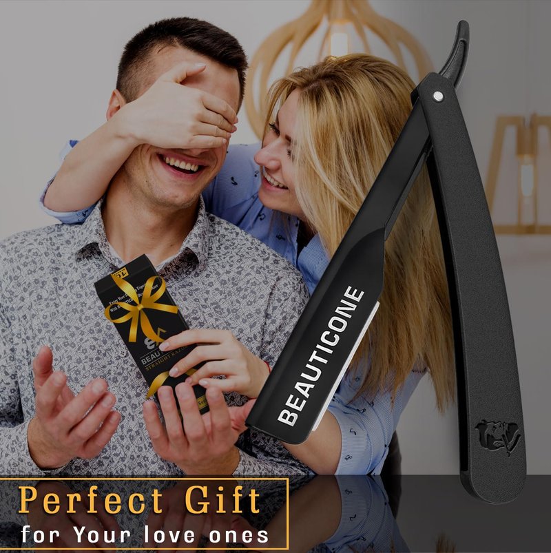 BEAUTICONE® Straight Razors for Men – Professional Barber Straight Edge Razor Kit with Replaceable Single Edge Blades - Navajas Para Barbero - Pouch Gift Box 1.2 mm Exposed for Close Shave Ultra Light