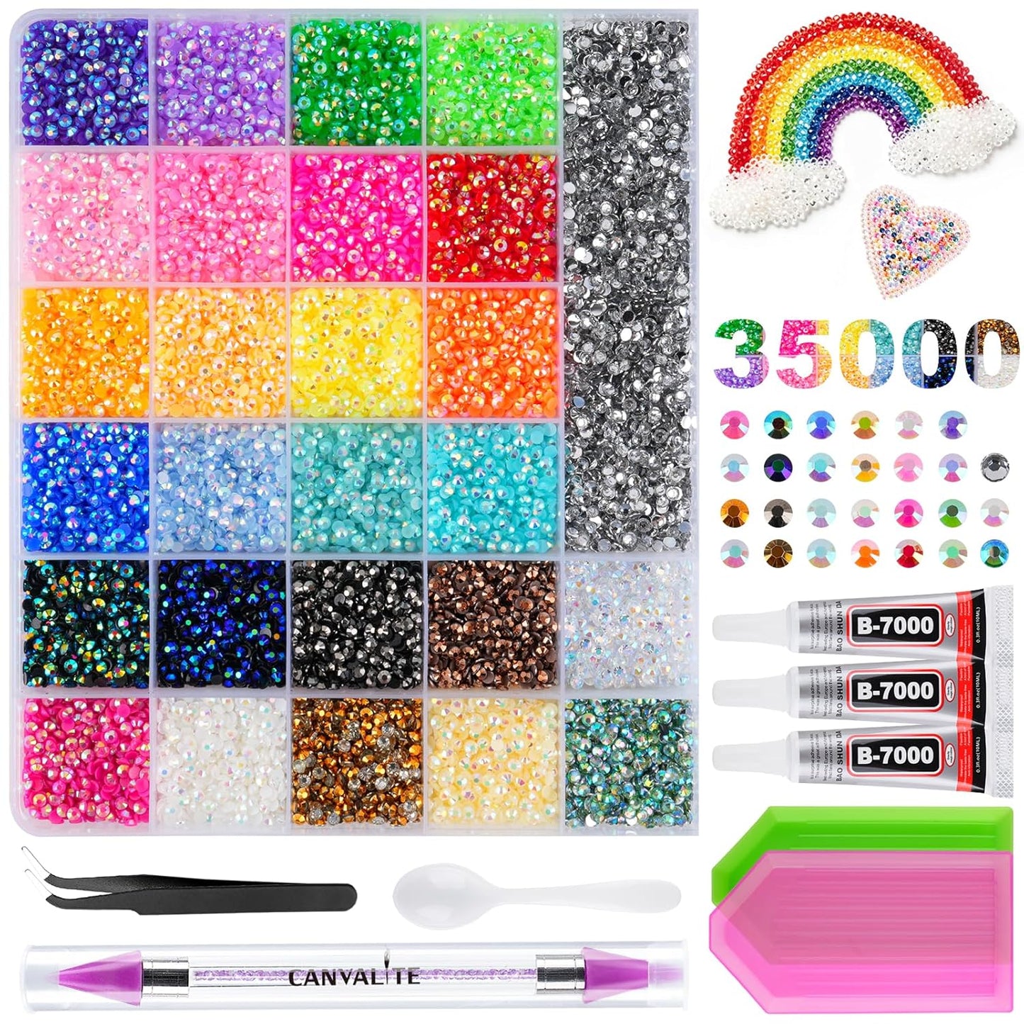 Canvalite 35000Pcs Multicolor Flatback Rhinestones - 3mm Bedazzling Kit with Glue & Tools for Crafting
