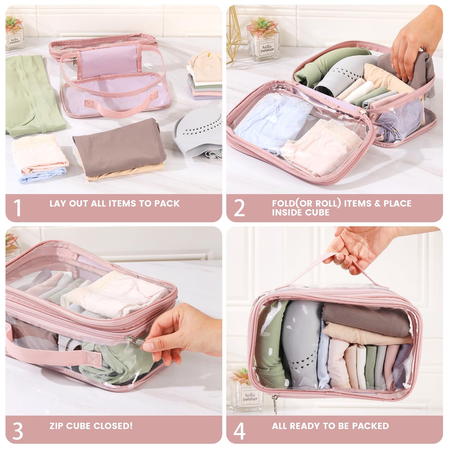 BORMELUN Large clear travel pouch,TSA approved toiletry reusable organizer with zipper proof purse makeup case carry On (Pink)