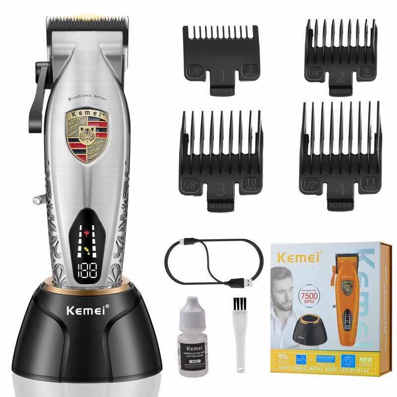 KEMEI Hair Clippers for Men Professional, Barber Clippers for Hair Cutting & Grooming, Cordless Beard Trimmer with Charging Base LED Display KM-2230 Silver