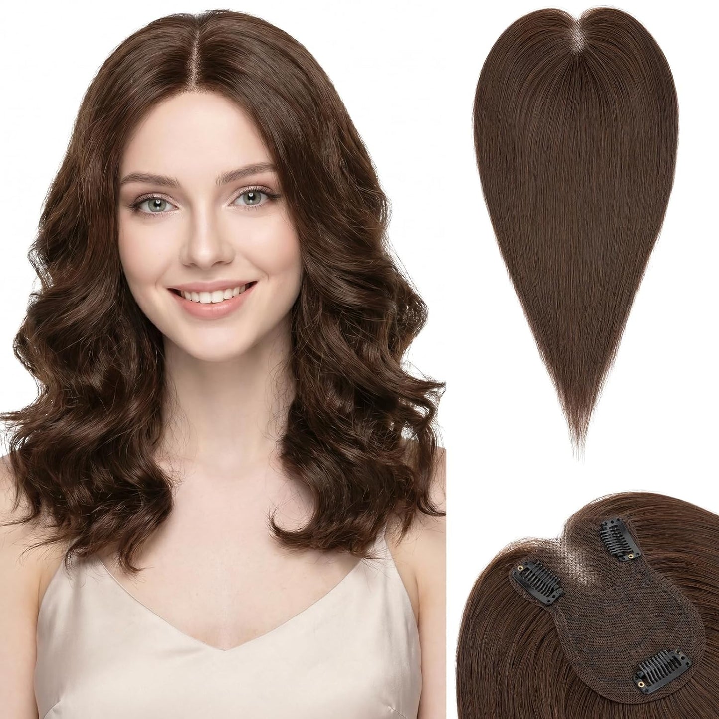 **Hair Toppers for Women - Real Human Hair with Curtain Bangs | 10-Inch Lace Base Clip-In Piece - #02 Dark Brown**