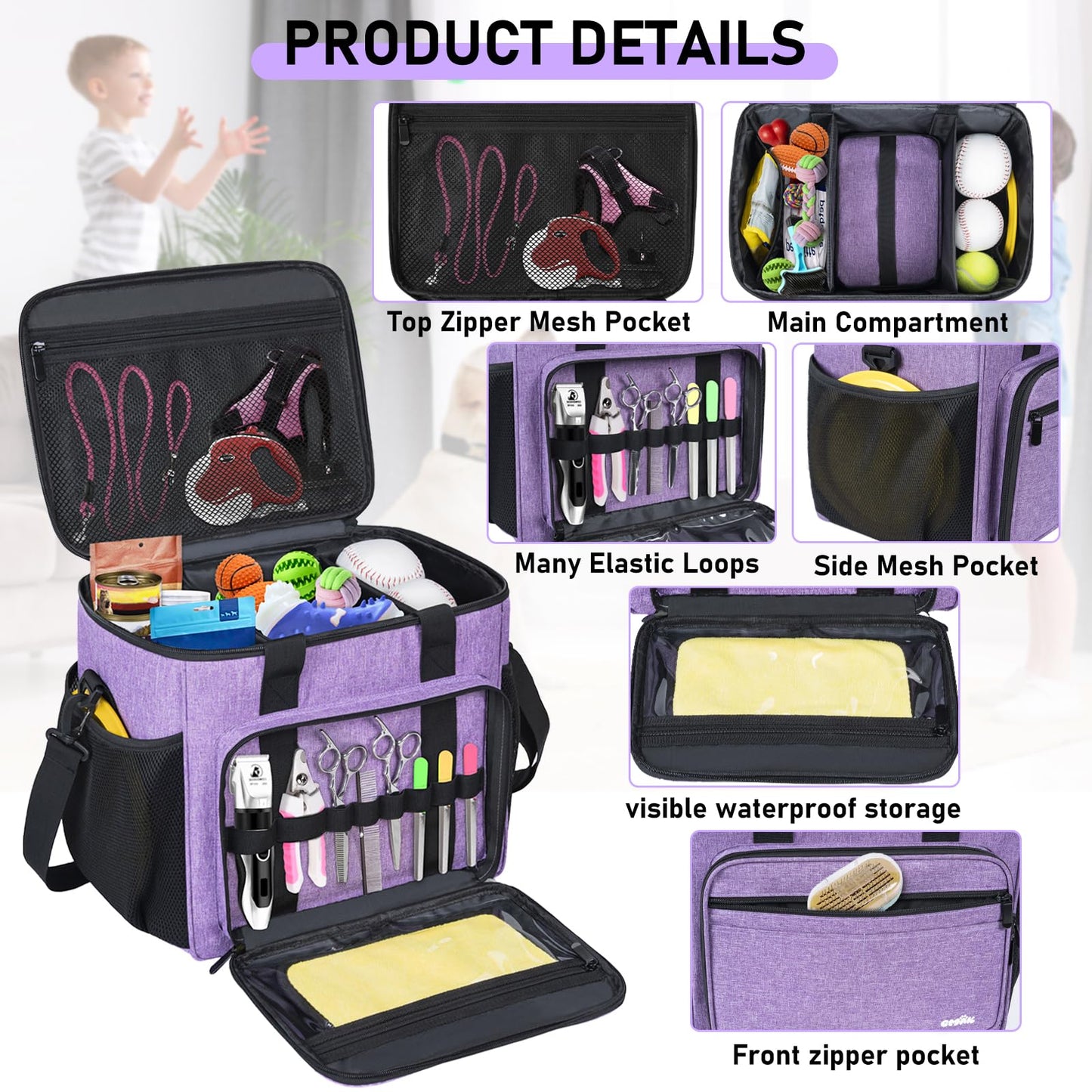 GMAK Pet Grooming Bag, Dog Grooming Tote Bags Supplies Organizer Case Pets Tools Organizer Tote for Dog Cat Grooming Tool Kit and Accessories, Purple(Bag Only)