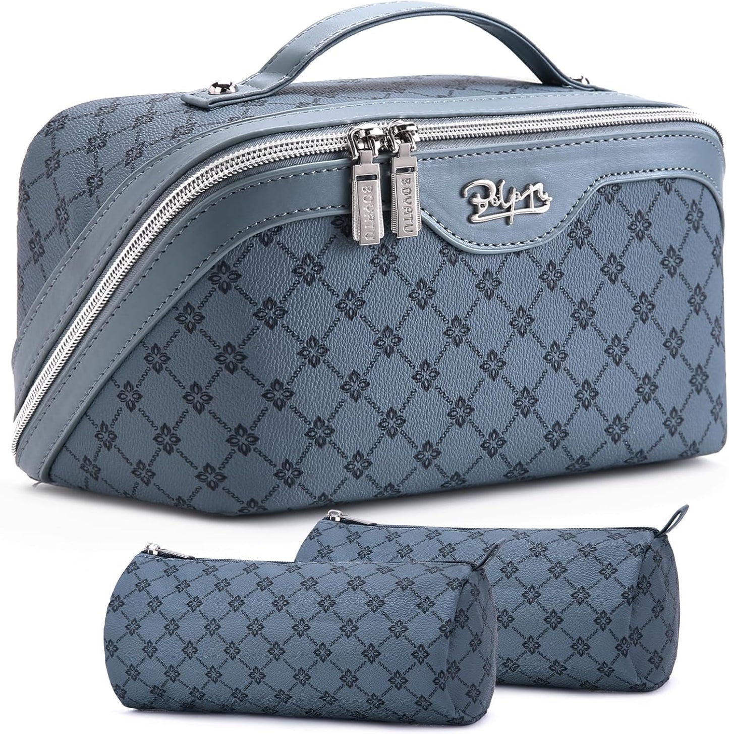Travel Makeup Bag Set - Large Vegan Leather Cosmetic Organizer with Handle | 3 Pcs Portable Toiletry Bags in Coffee
