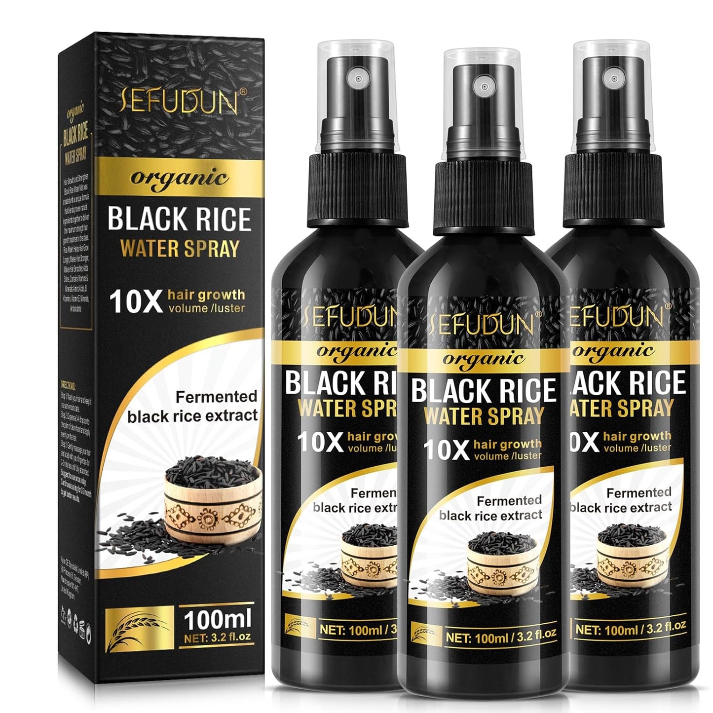 Organic Black Rice Water Spray - Hair Growth Solution with Castor Oil & Ginger Extract | 100ml/3.2 fl.oz