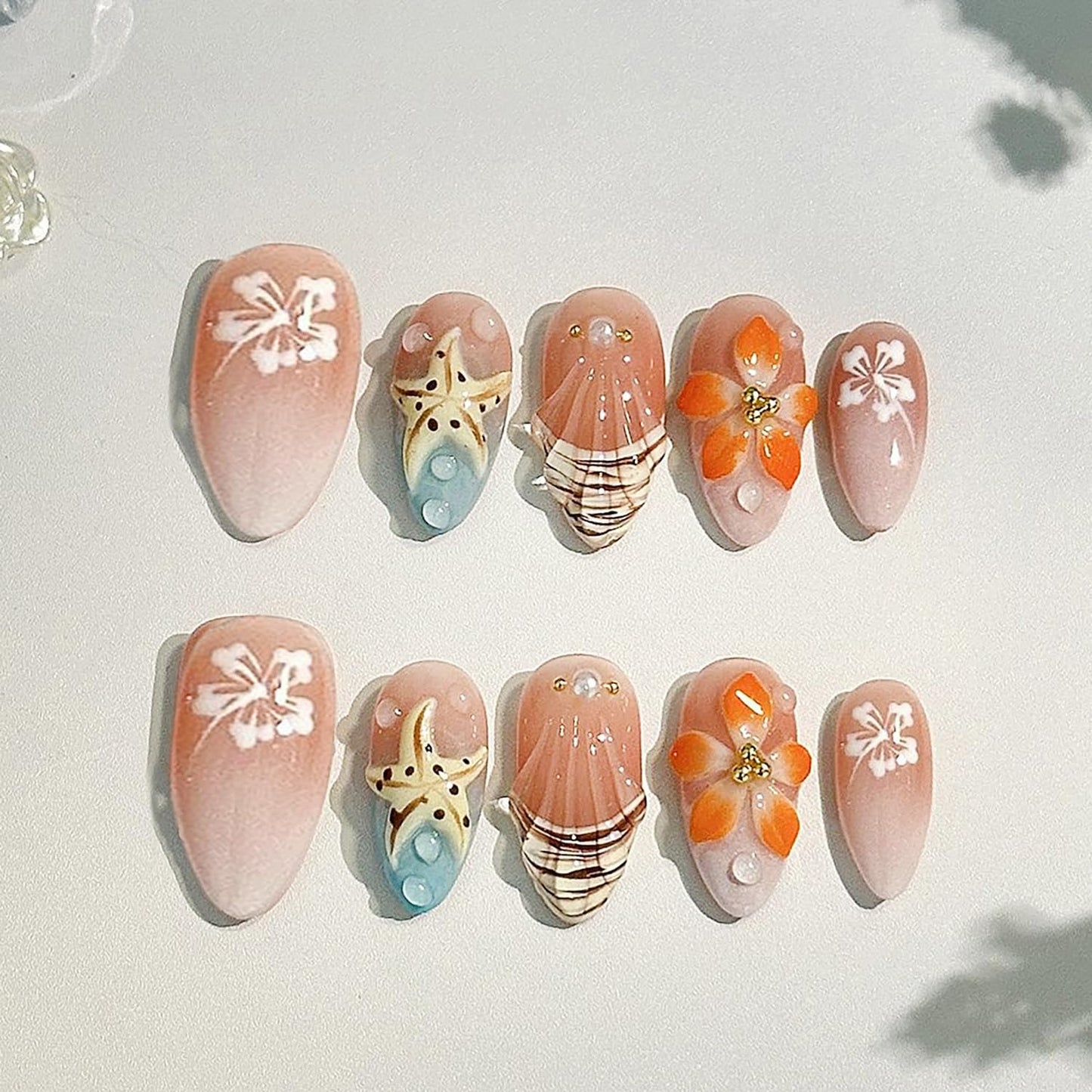 30Pcs Summer Beach Press-On Nails - Medium Almond French Tip with 3D Pearl Seashell Designs | Ocean-Inspired Acrylic Nails for Women