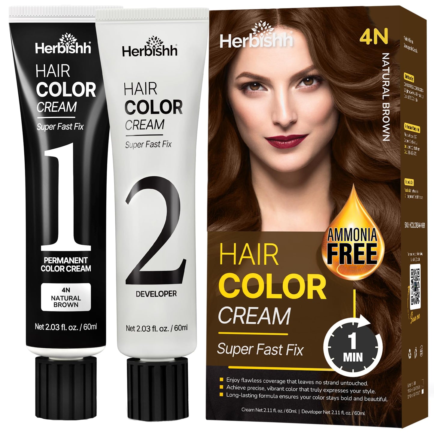 Herbishh 1-Minute Korean Hair Dye Cream & Developer (2.03 fl oz Each) Natural Brown - Permanent Color for Hair Root Touch Up & Full Hair Gray Coverage, Ammonia-Free Hair Dye Kit for Women & Men
