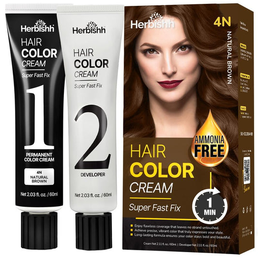 Herbishh 1-Minute Korean Hair Dye Cream & Developer (2.03 fl oz Each) Natural Brown - Permanent Color for Hair Root Touch Up & Full Hair Gray Coverage, Ammonia-Free Hair Dye Kit for Women & Men