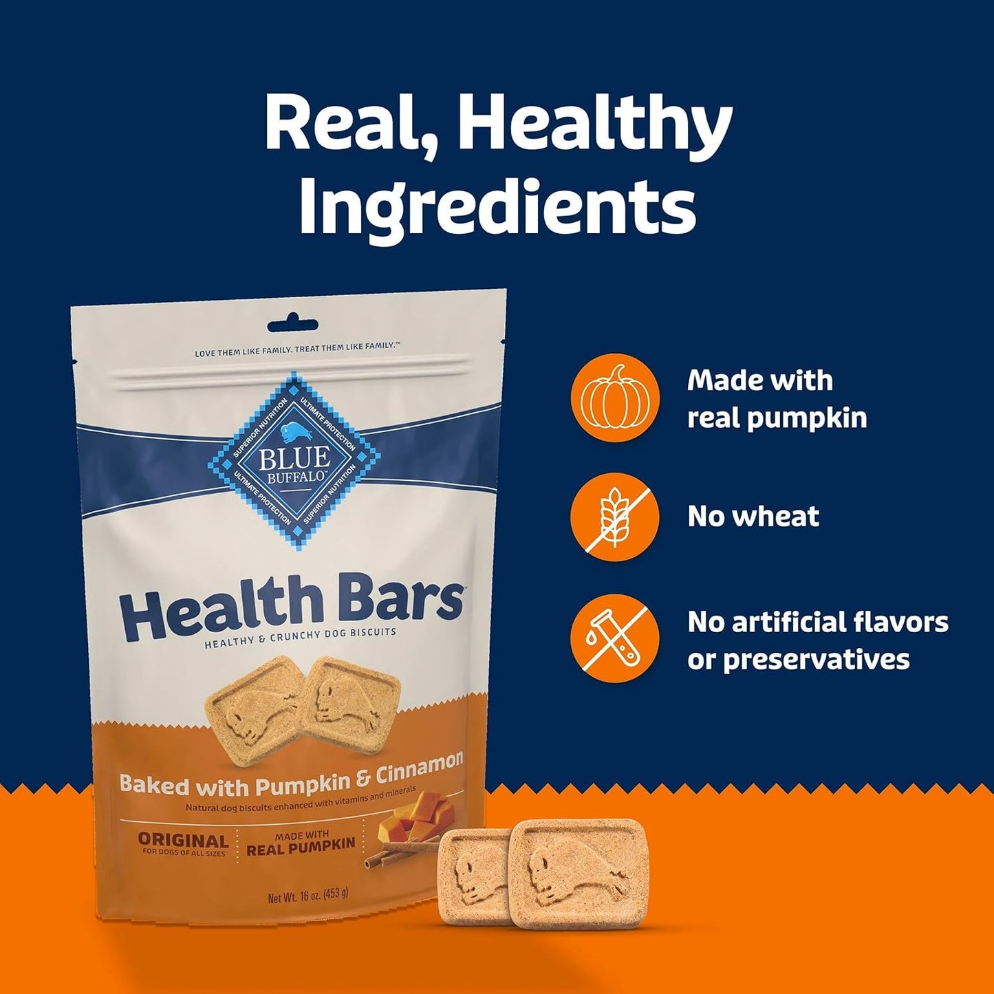 Blue Buffalo Dog Treats - Pumpkin & Cinnamon Crunchy Health Bars | Oven-Baked, Natural Ingredients, 16 oz.