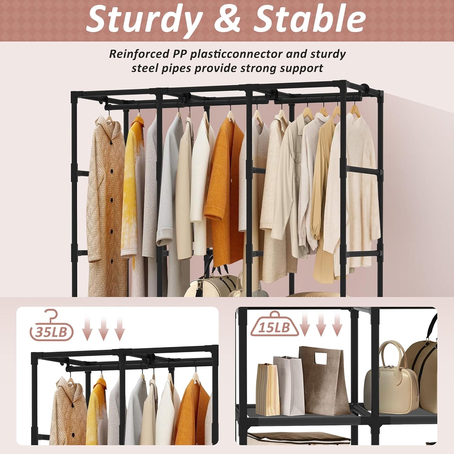 Portable Closet - Large Capacity Gray Wardrobe with 3 Hanging Rods, 6 Shelves & 8 Pockets | Easy Assembly for Bedroom & Living Room