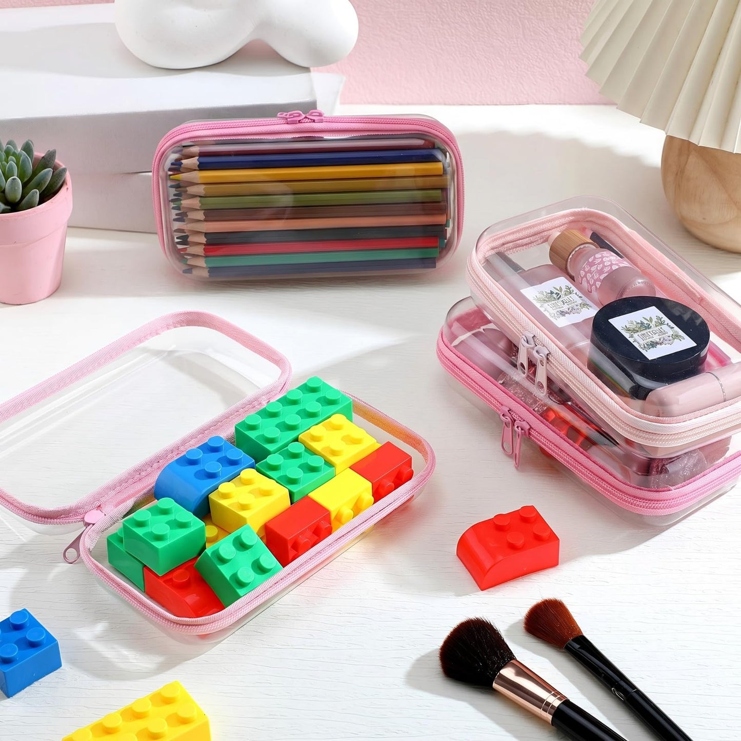 Hoolerry 4 Pcs Hard Clear Zipper Case Makeup Bags Plastic Zipper Pouch Transparent Storage Box Containers for Cosmetics, Snacks, Building Blocks, Puzzles(Clear,7.5 x 3.9 x 2 in,Pink)