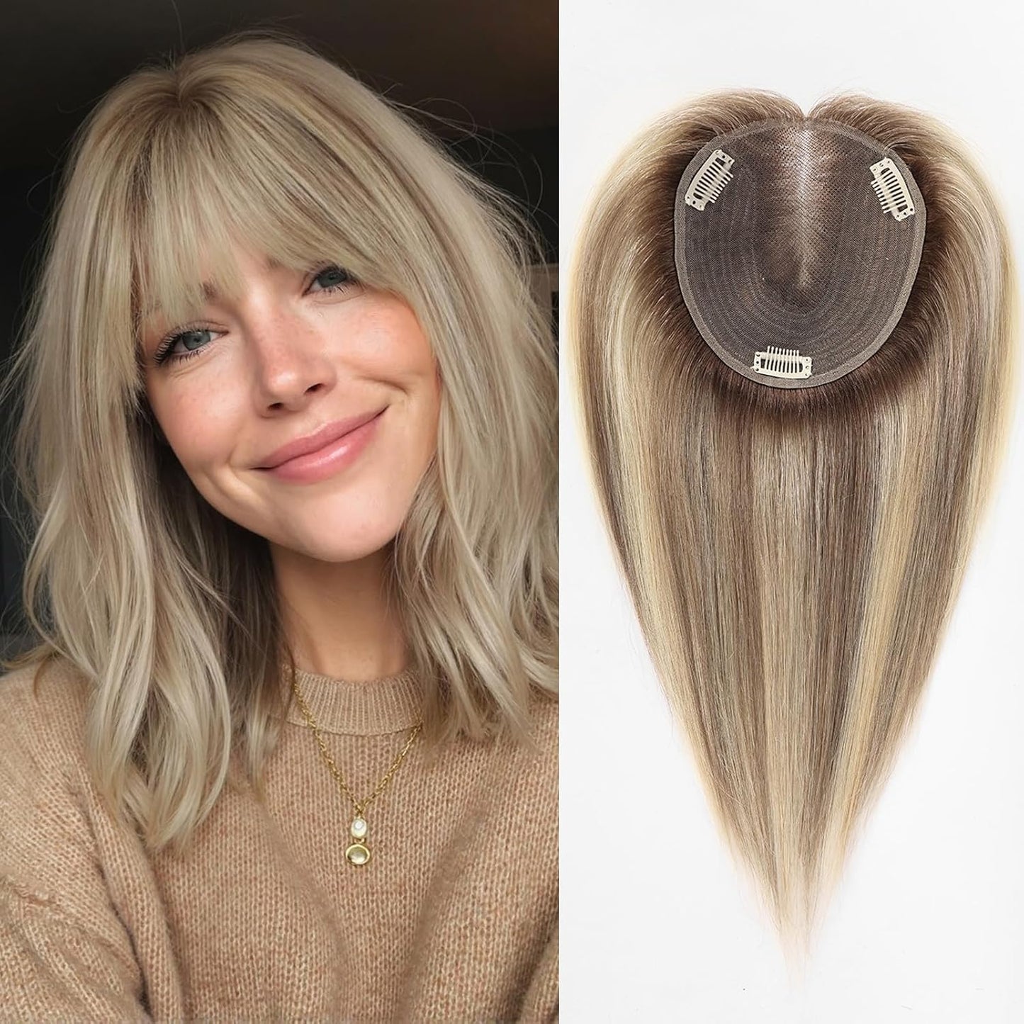 Real Human Hair Toppers for Women - 14-Inch Mixed Brown with Bangs | 6" x 5" Swiss Lace Base