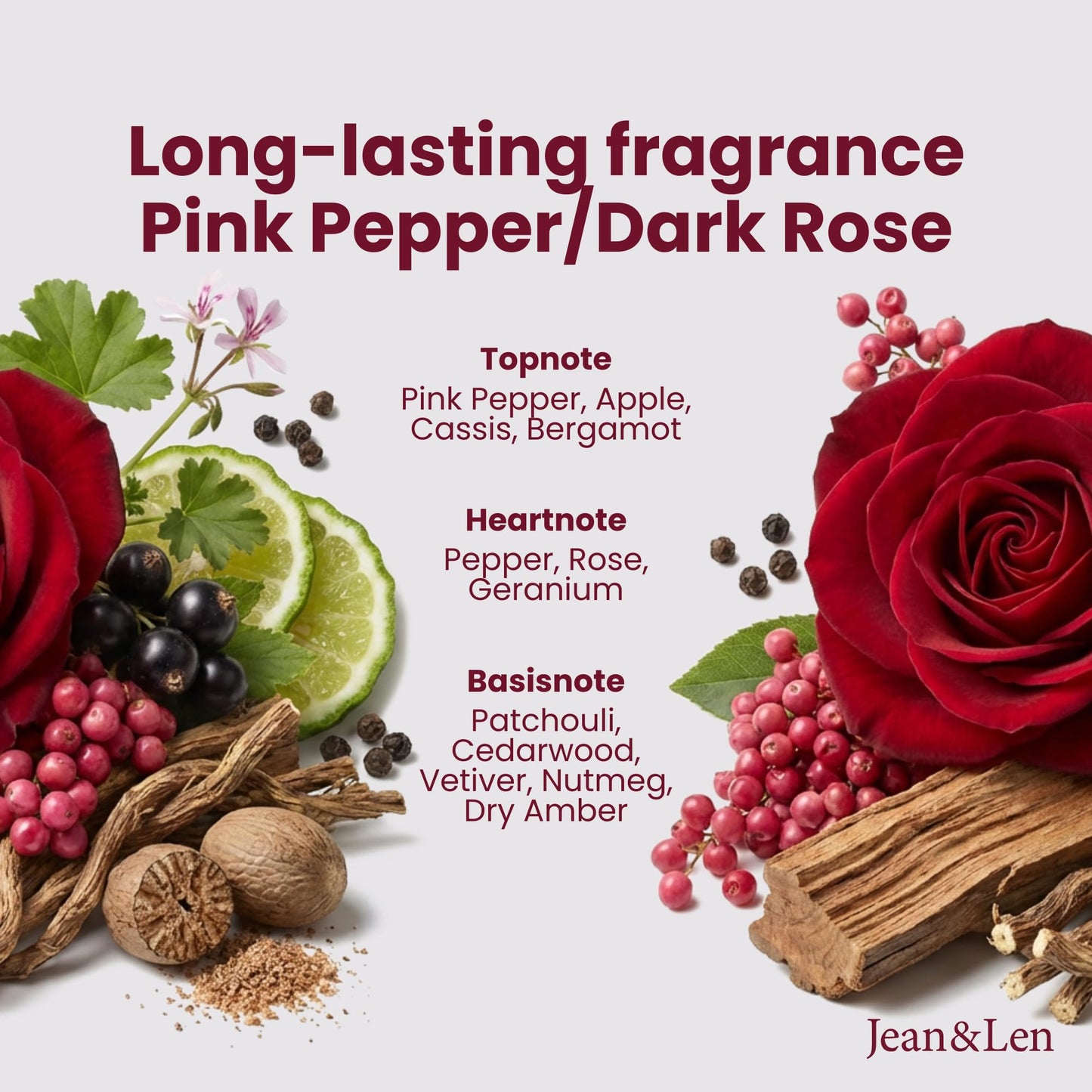 Jean & Len Hand Soap Pink Pepper & Dark Rose, gently cleanses stressed hands, suitable for daily use, liquid soap in pump dispenser, sensual fragrance, vegan, 8.45 Fl. Oz.