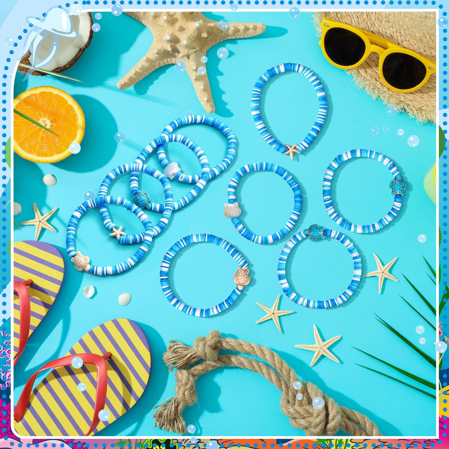 Huquary 24 Pcs Under the Sea Party Favors Ocean Polymer Clay Beaded Bracelets Bulk Shell Turtle Starfish Ankle Bracelets for Under the Sea Themed Birthday Summer Beach Party Supplies
