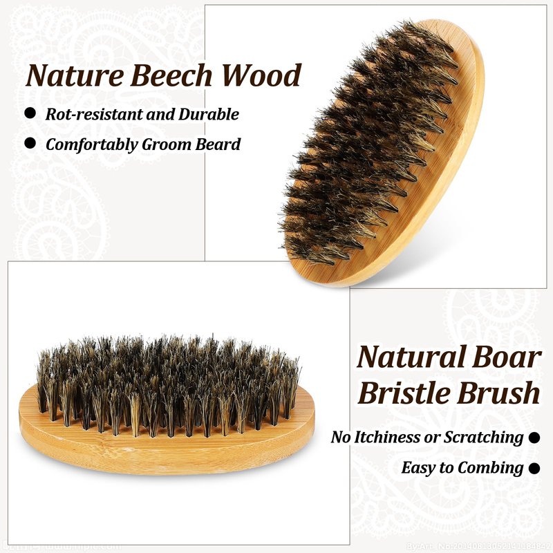 6 Sets Grooming Kit for Men - Natural Boar Bristle Brush, Pear Wood Dual-Sided Wide Tooth Comb, and Travel Pouch (Oval Shape) for Beard Care