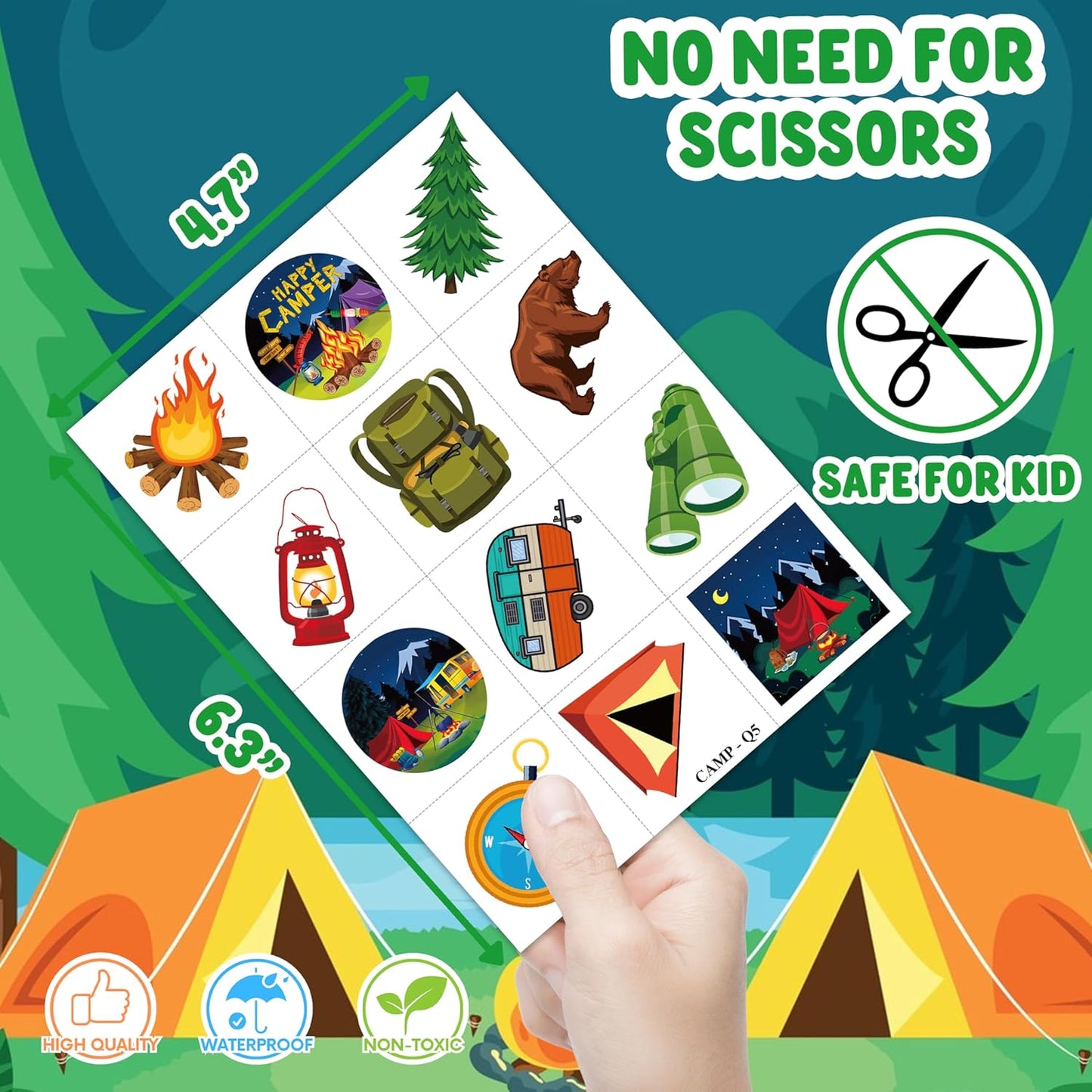 Pre-Cut Temporary Tattoos for Kids - 96 PCS Cute Camping Party Favors | 8 Sheets of Fun Stickers