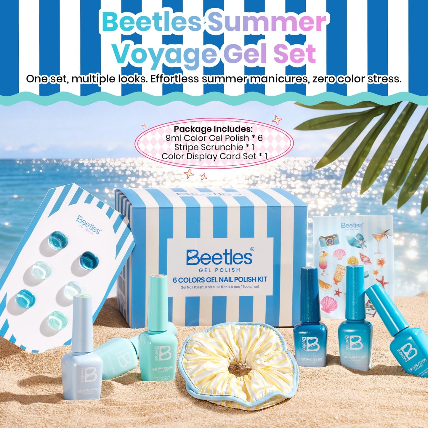 Beetles Blue Gel Nail Polish Set, Summer Voyage Shore Light Cat Eye Gel Polish 6 Colors Mint Green Lyons Nail Gel with Nail Art Stickers & Scrunchie, Soak Off Uv Manicure Kit Gift for Women
