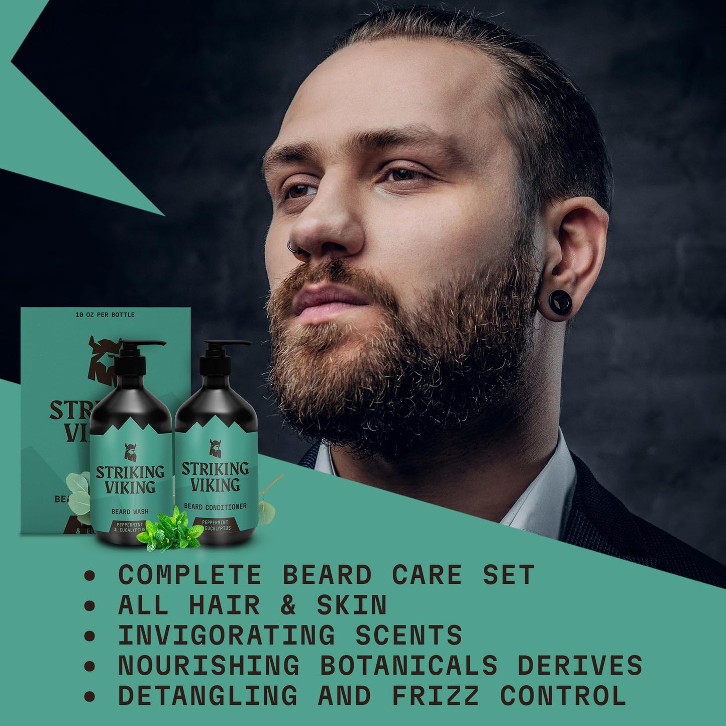 Striking Viking Beard Wash & Conditioner - 20 fl oz, Peppermint & Eucalyptus - Deep Clean & Itch Relief Beard Shampoo and Conditioner for Men - Hydrating Jojoba Facial Oil Treatment