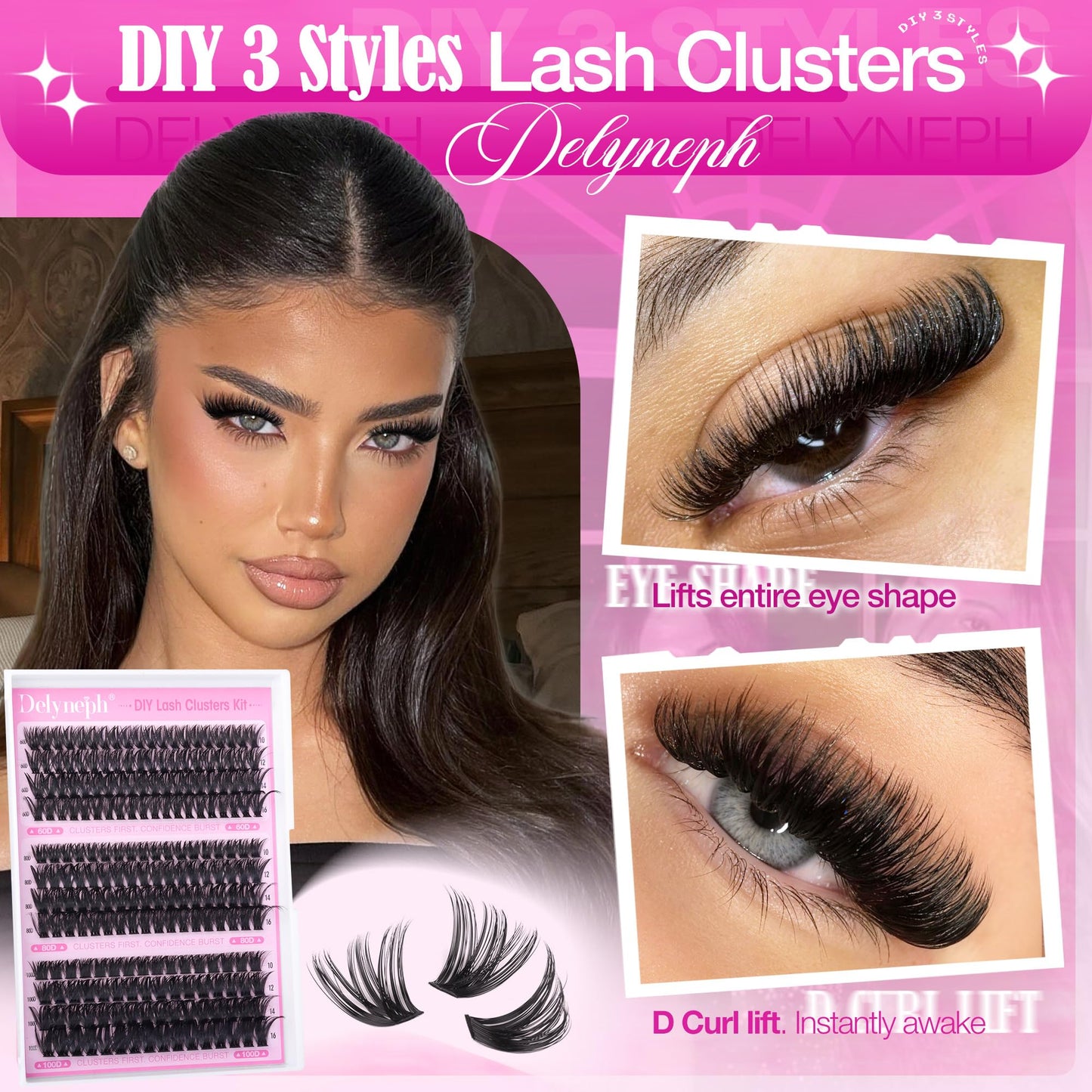 Delyneph Lash Clusters Kit 60D 80D 100D Wispy Cluster Eyelash Extensions Kit CD Curl Eyelash Clusters Kit Fluffy Cluster Lashes Natural Pestañas Postizas Naturales with Lash Bond and Seal