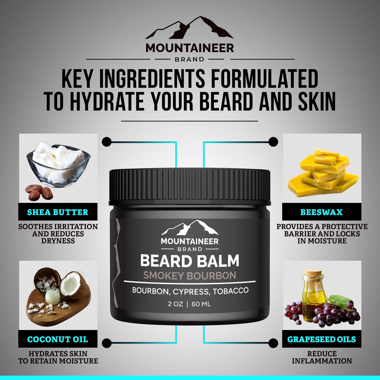 Mountaineer Brand Natural Beard Balm with Smokey Bourbon Scent | Scents Inspired by Nature | Beard Butter for Men | Leave in Condidtioner | Hydrates, Softens and Tames | Made in West Virginia | 2oz