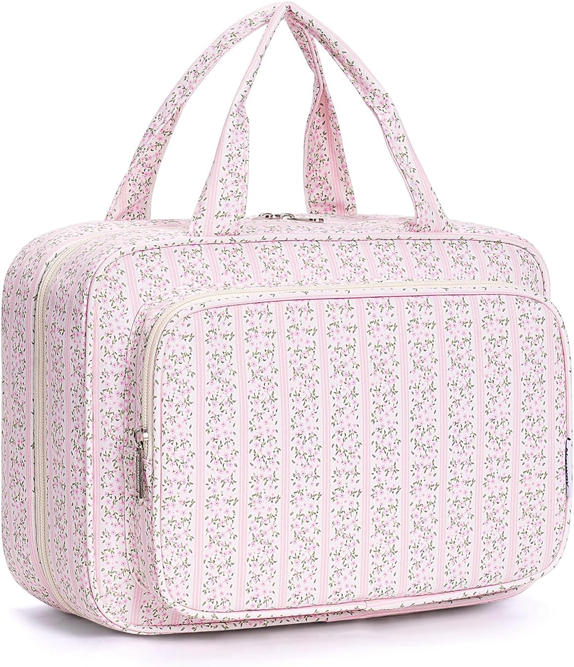 Striped Hanging Toiletry Bag for Women - Travel Makeup Organizer | Medium Dusty Pink Stripe