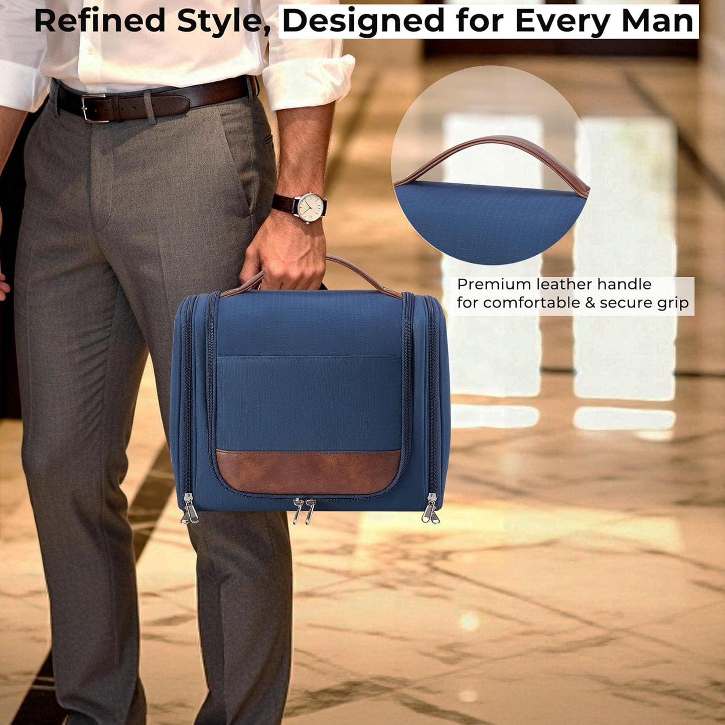 Large Hanging Toiletry Bag for Men - Travel Organizer with Hook | Navy Hygiene & Grooming Essentials