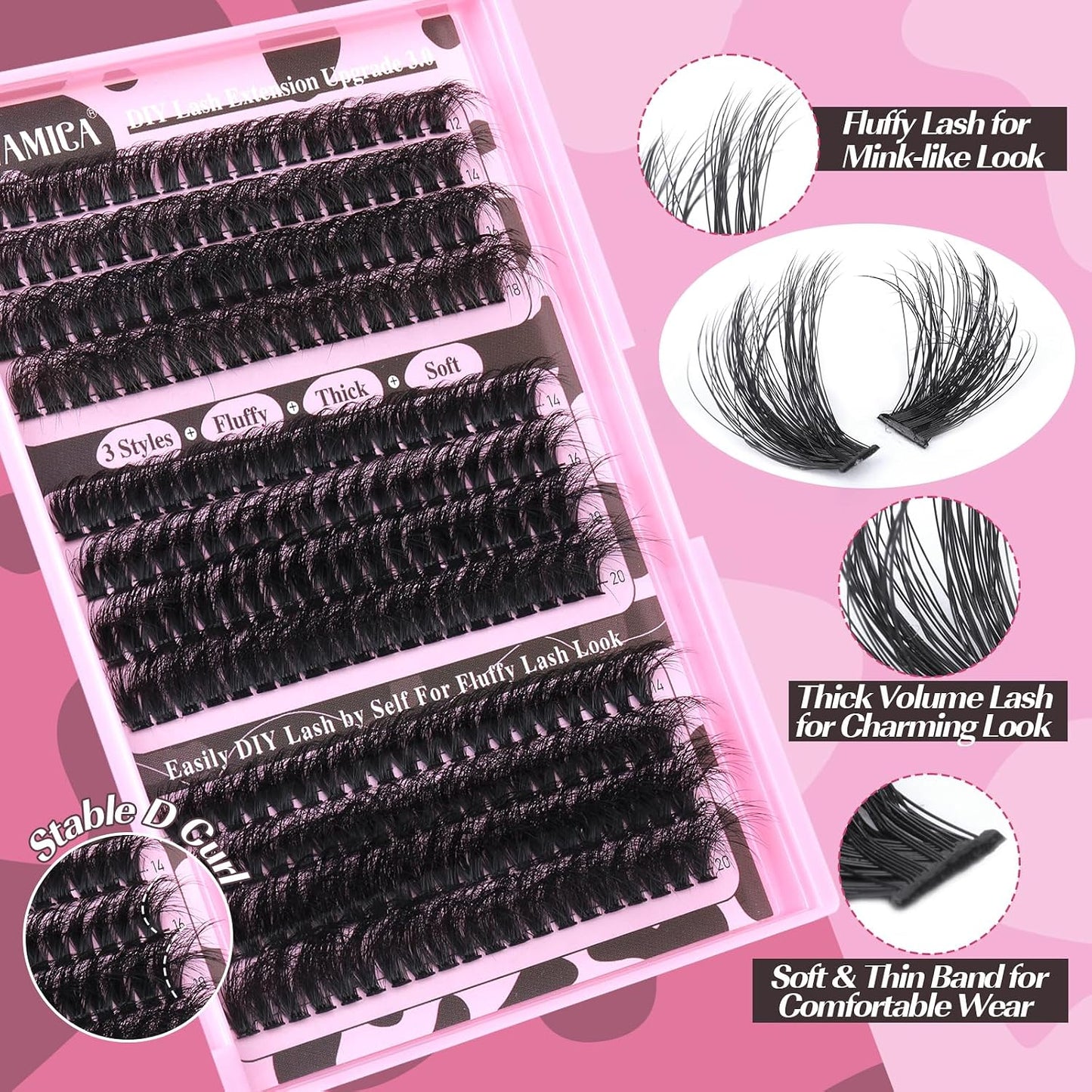 Eyelash Extension Kit - Fluffier Thick Volume 14-20mm D Curly Mink Lash Clusters | 240pcs DIY Individual Lashes with Bond, Seal & Applicator