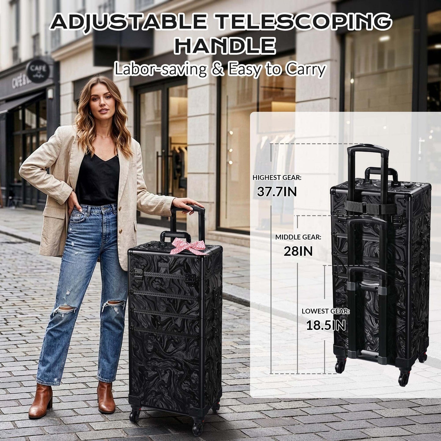 BYOOTIQUE 4in1 Rolling Makeup Train Case with 2 PCS Clear Cosmetic Toiletry Bag for Makeup Artist, CB Shadows
