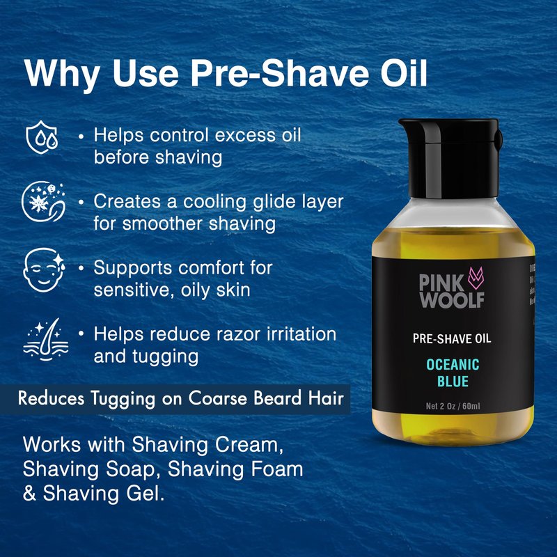 Pink Woolf Pre Shave Oil for Men – Electric & Wet Shave Prep – Helps Reduce Tugging, Razor Burn & Irritation – Razor Glide Oil for Electric Razor & Head Shaving – OCEANIC BLUE, 2 Fl Oz