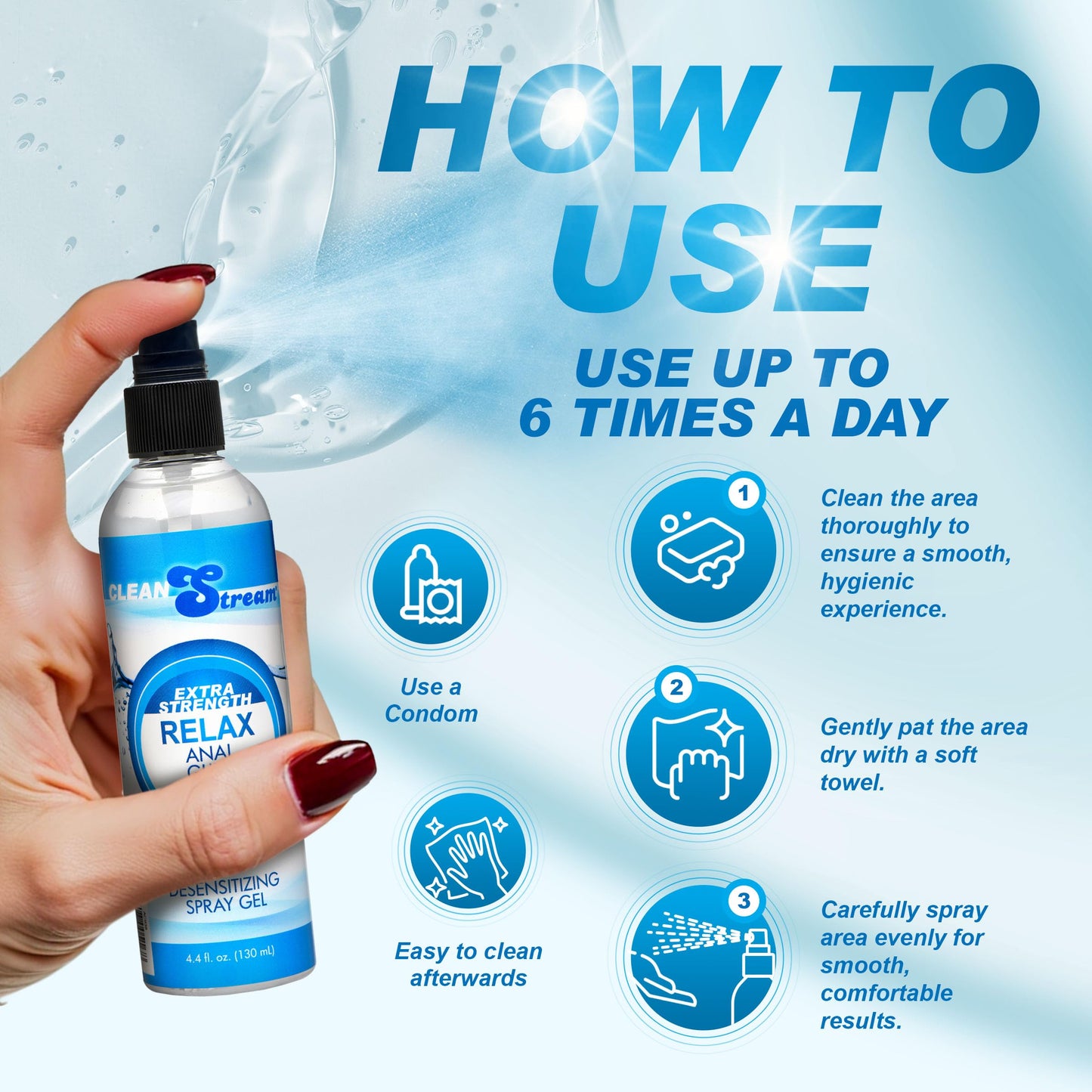 CleanStream Relax Desensitizing Lubricant 4.4 Fl Oz Bottle, Unscented Water-Based Liquid Formula, Supports Comfort and Control, Ideal for Personal Use, Easy Clean-Up Design