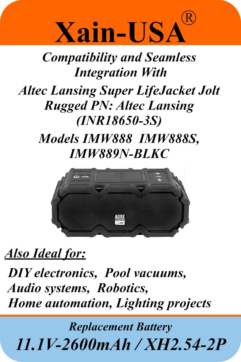 Xain-USA Powerful Replacement 11.1V Li-ion Battery. 2600mAh Capacity, 3S1P config, JST-XH2.54 Connector, Built-in BMS. Ideal for Super LifeJacket Jolt Rugged IMW888S, IMW889N-BLKC.
