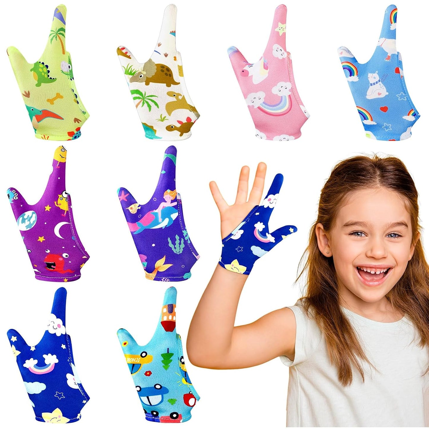 Thumb Sucking Stopper Gloves for Kids - 16 Pcs Chewy Thumb Guards | Breathable & Cute Designs (Ages 8-12)