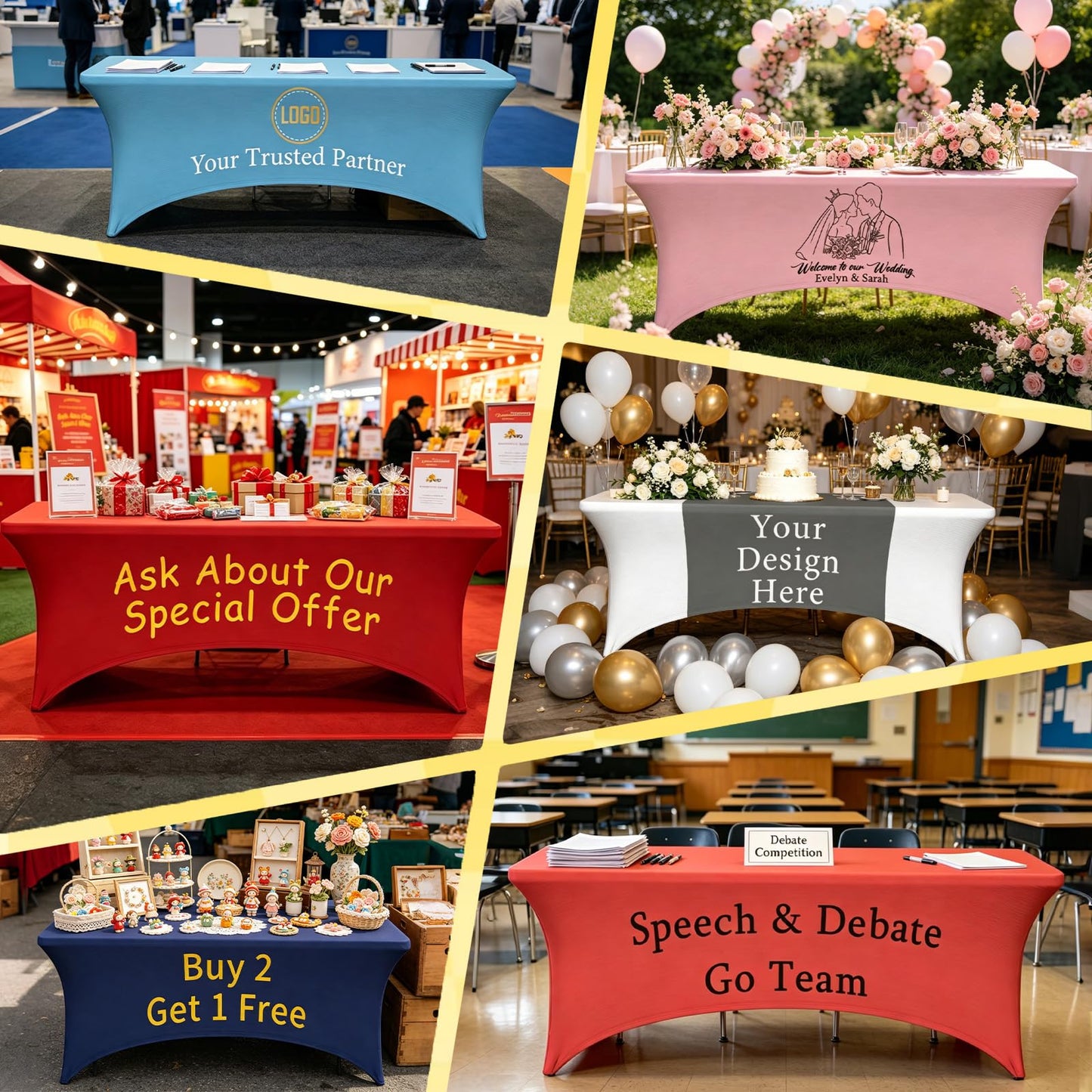 Byxhuc Custom Tablecloth for Tradeshow Business Events Wedding, Personalized Logo Table Cloth for Business Customized Fitted Rectangular Stretch Tablecloth 6FT with Logo Photo Text