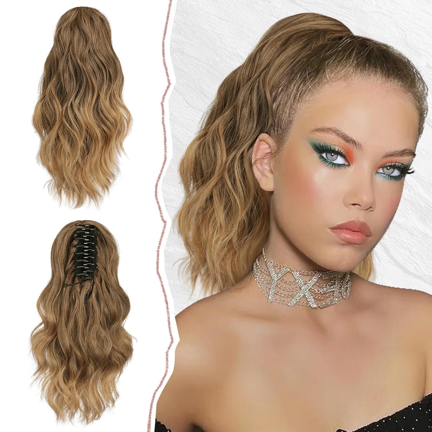 Ponytail Extension - Short Wavy Claw Clip-In Synthetic Hairpiece | Black Layered Curly Drawstring for Women