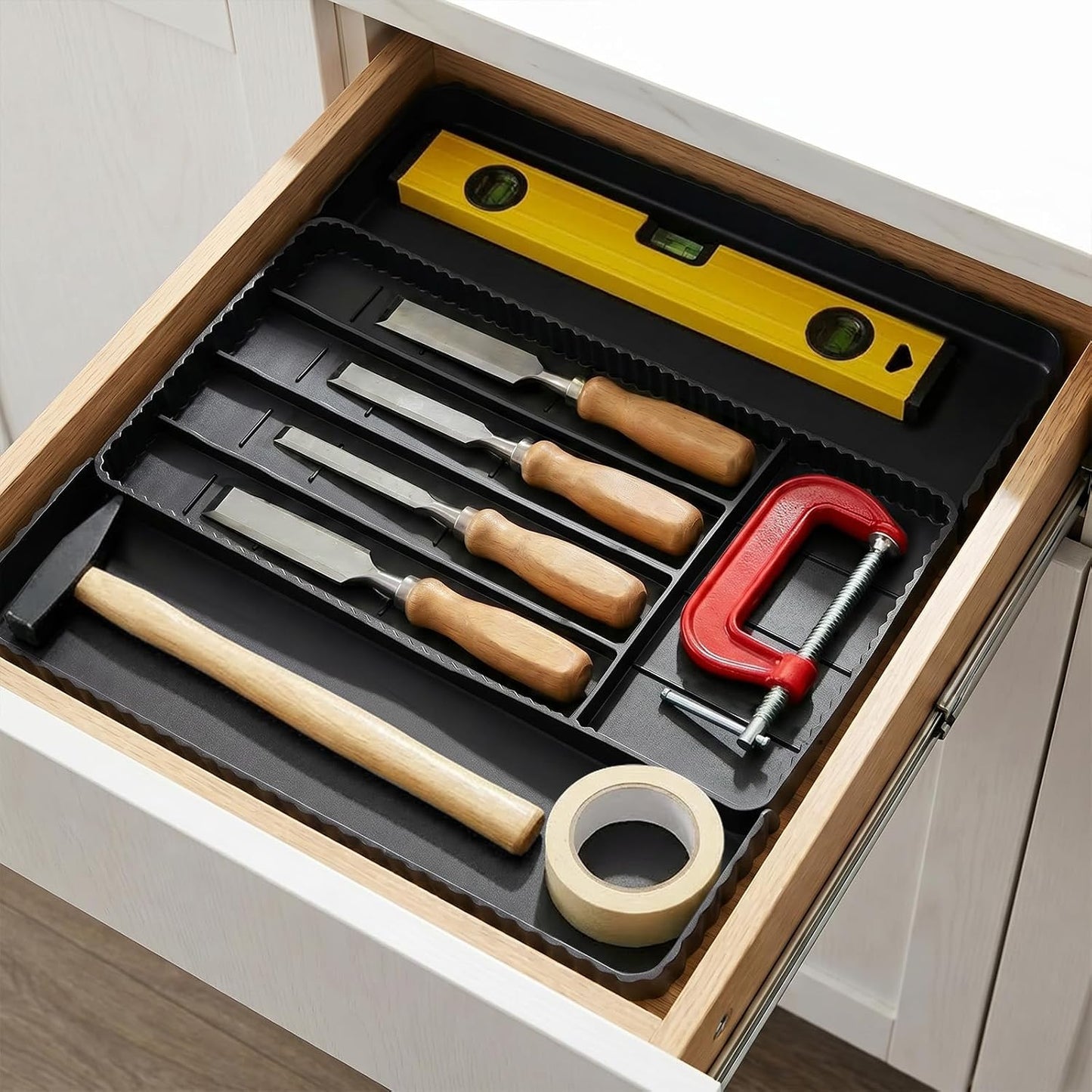 Expandable Silverware Organizer - Adjustable 7-Compartment Cutlery Tray | Heat-Resistant Silicone, Black - 50% Larger Capacity