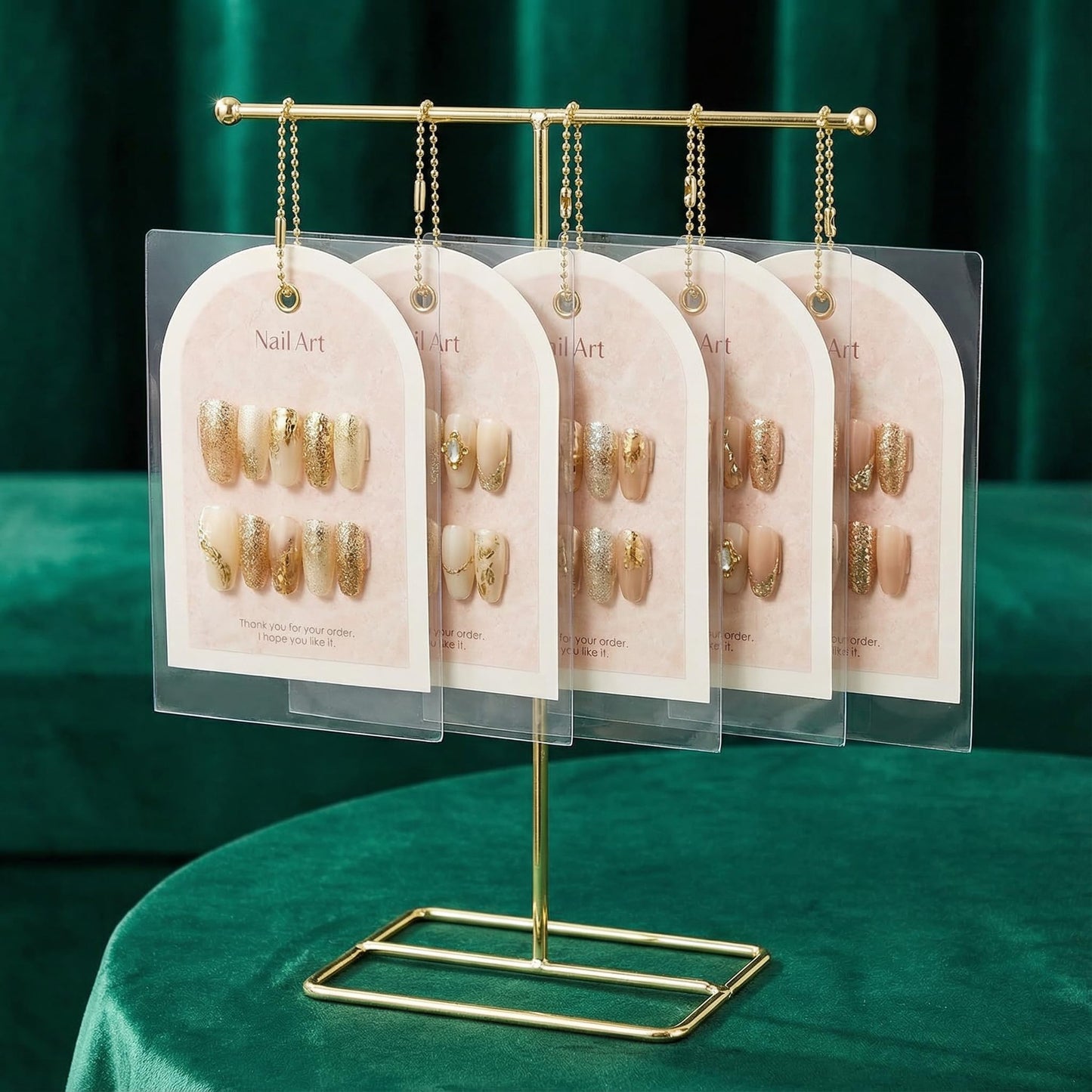NOLITOY Nail Art Display Cards with Stand Fake Nail Display Holder for Press on Nails 5 Cards with Chains and Bags T-Shaped Rack for Salon Art Supplies